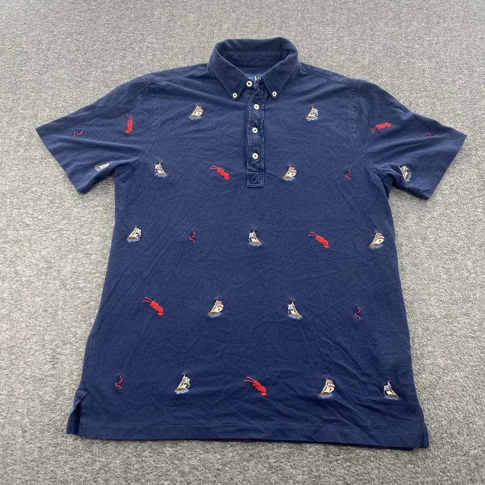 Polo Ralph Lauren Polo Shirt Mens M Lobster Sailboat Embroidered Navy Blue EUC